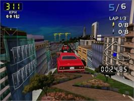 In game image of San Francisco Rush 2049 on the Sega Dreamcast.