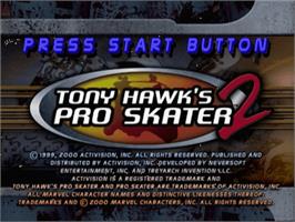 Title screen of Tony Hawk's Pro Skater 2 on the Sega Dreamcast.