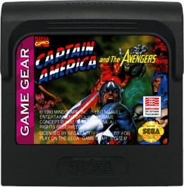 Cartridge artwork for Captain America and The Avengers on the Sega Game Gear.