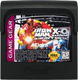 Cartridge artwork for Iron Man / X-O Manowar in Heavy Metal on the Sega Game Gear.