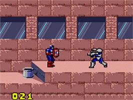 In game image of Captain America and The Avengers on the Sega Game Gear.