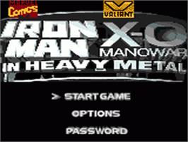 Title screen of Iron Man / X-O Manowar in Heavy Metal on the Sega Game Gear.