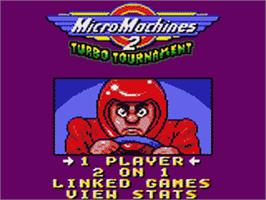 Title screen of Micro Machines 2: Turbo Tournament on the Sega Game Gear.