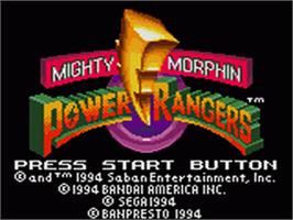 Title screen of Mighty Morphin Power Rangers: The Movie on the Sega Game Gear.