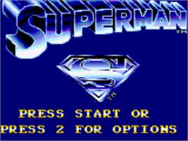 Title screen of Superman: The Man of Steel on the Sega Game Gear.
