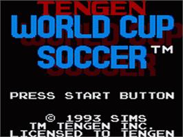 Title screen of Tengen World Cup Soccer on the Sega Game Gear.
