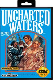 Box cover for Uncharted Waters on the Sega Genesis.