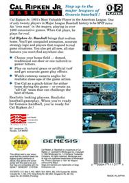 Box back cover for Cal Ripken Jr. Baseball on the Sega Genesis.