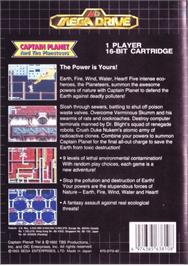 Box back cover for Captain Planet and the Planeteers on the Sega Genesis.