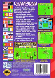 Box back cover for Champions World Class Soccer on the Sega Genesis.