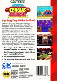 Box back cover for Great Circus Mystery, The - starring Mickey and Minnie Mouse on the Sega Genesis.