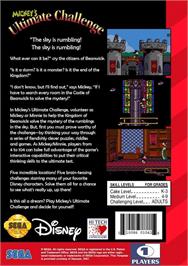 Box back cover for Mickey's Ultimate Challenge on the Sega Genesis.