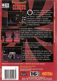 Box back cover for Nightmare Circus on the Sega Genesis.