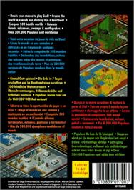 Box back cover for Populous on the Sega Genesis.