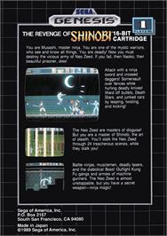 Box back cover for Revenge of Shinobi, The on the Sega Genesis.