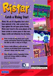 Box back cover for Ristar on the Sega Genesis.