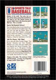 Box back cover for Sports Talk Baseball on the Sega Genesis.