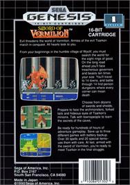 Box back cover for Sword of Vermilion on the Sega Genesis.