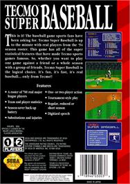 Box back cover for Tecmo Super Baseball on the Sega Genesis.