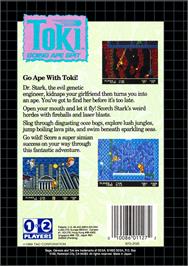 Box back cover for Toki: Going Ape Spit on the Sega Genesis.