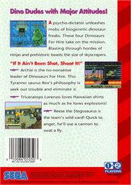 Box back cover for Tom Mason's Dinosaurs for Hire on the Sega Genesis.