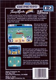 Box back cover for Tommy Lasorda Baseball on the Sega Genesis.