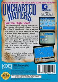 Box back cover for Uncharted Waters on the Sega Genesis.