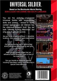Box back cover for Universal Soldier on the Sega Genesis.