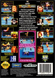 Box back cover for WWF Super Wrestlemania on the Sega Genesis.