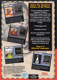 Box back cover for Where in Time is Carmen Sandiego on the Sega Genesis.