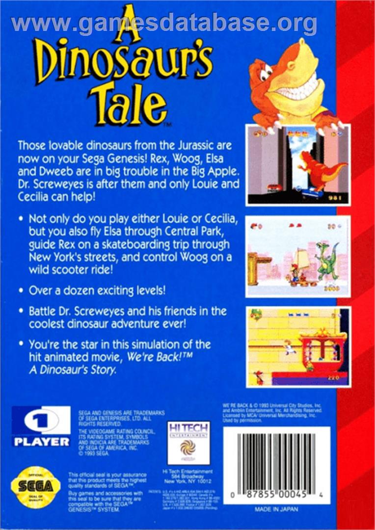 A Dinosaur's Tale - Sega Genesis - Artwork - Box Back