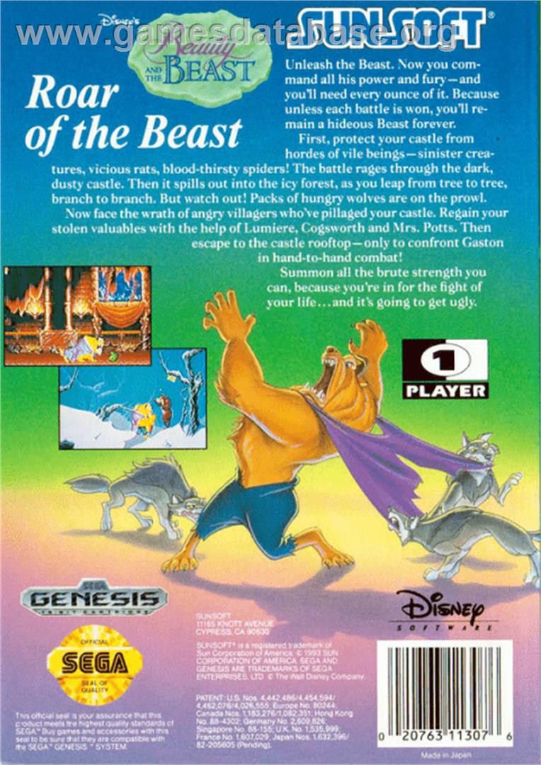 Beauty and the Beast: Roar of the Beast - Sega Genesis - Artwork - Box Back