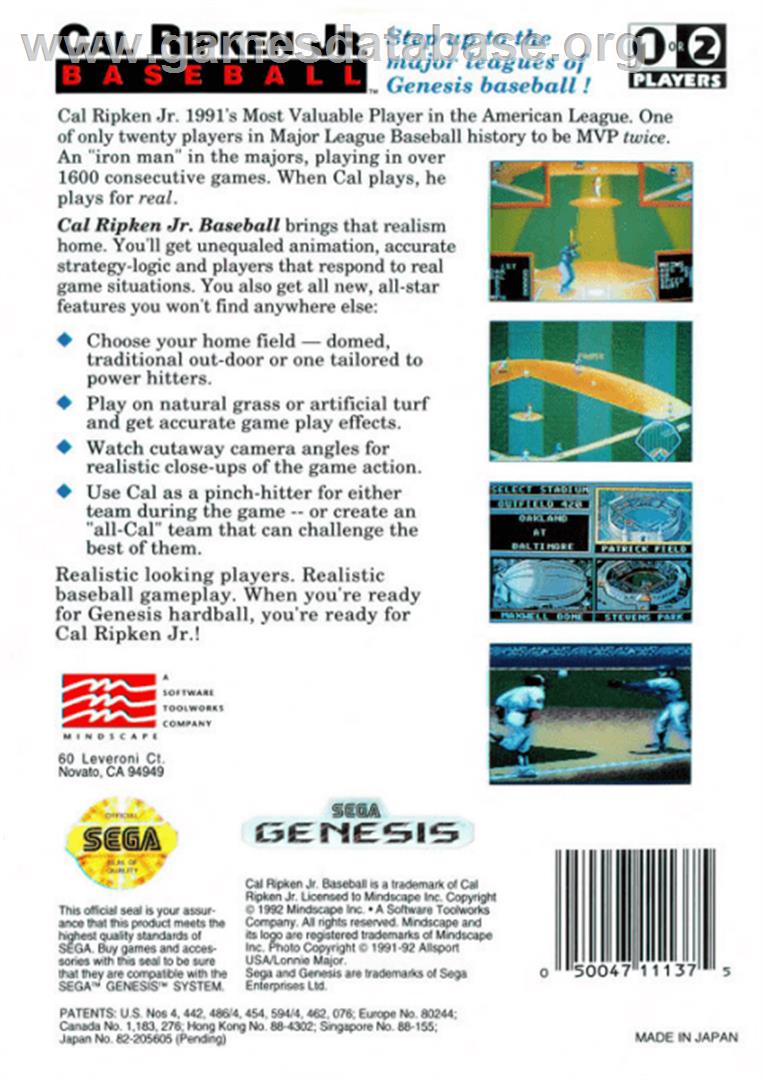 Cal Ripken Jr. Baseball - Sega Genesis - Artwork - Box Back