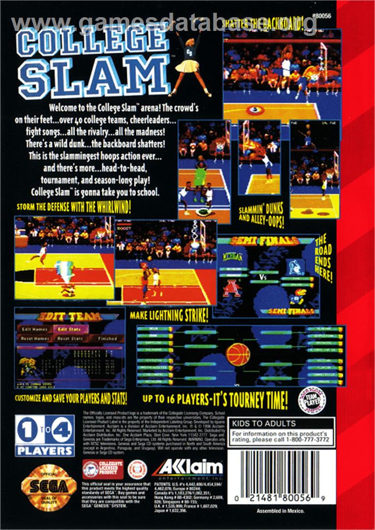 College Slam - Sega Genesis - Artwork - Box Back