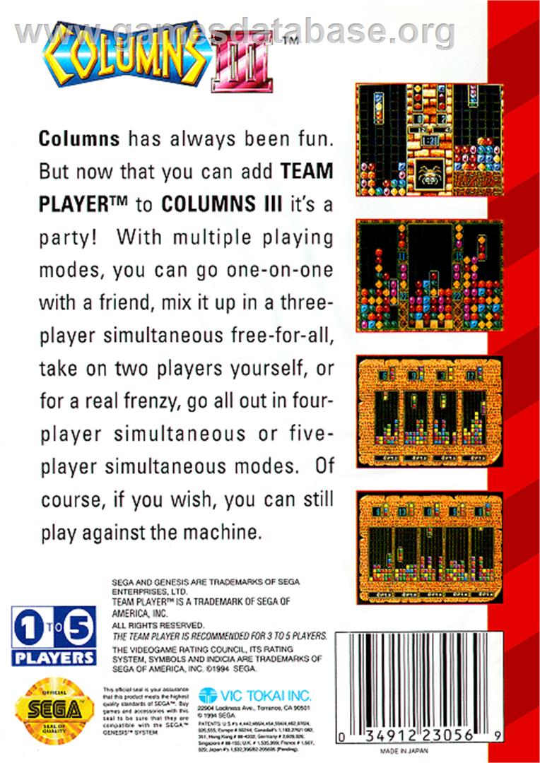 Columns III - Sega Genesis - Artwork - Box Back