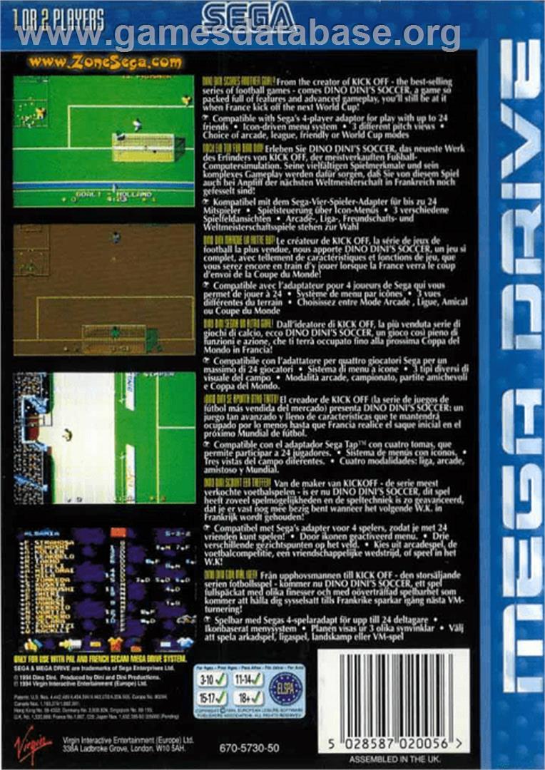 Dino Dini's Soccer - Sega Genesis - Artwork - Box Back