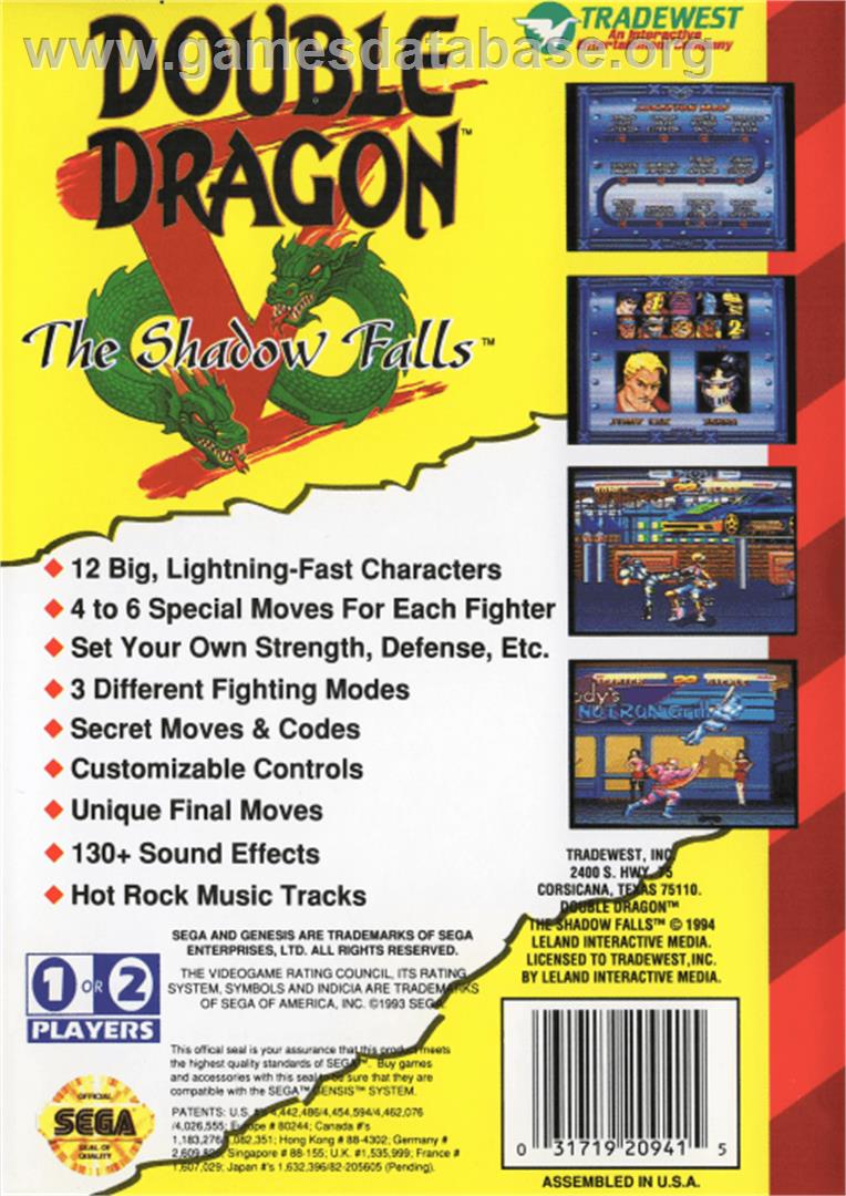Double Dragon V: The Shadow Falls - Sega Genesis - Artwork - Box Back