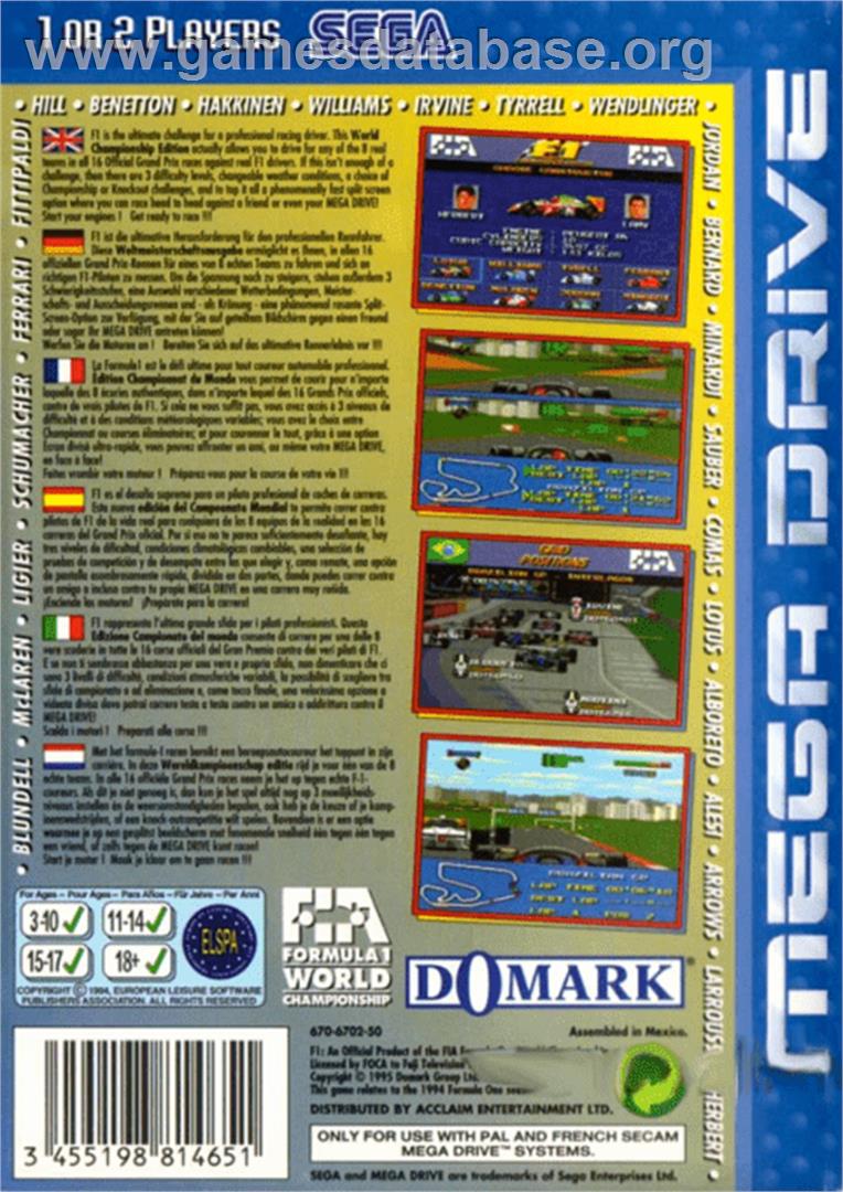 F1 World Championship Edition - Sega Genesis - Artwork - Box Back