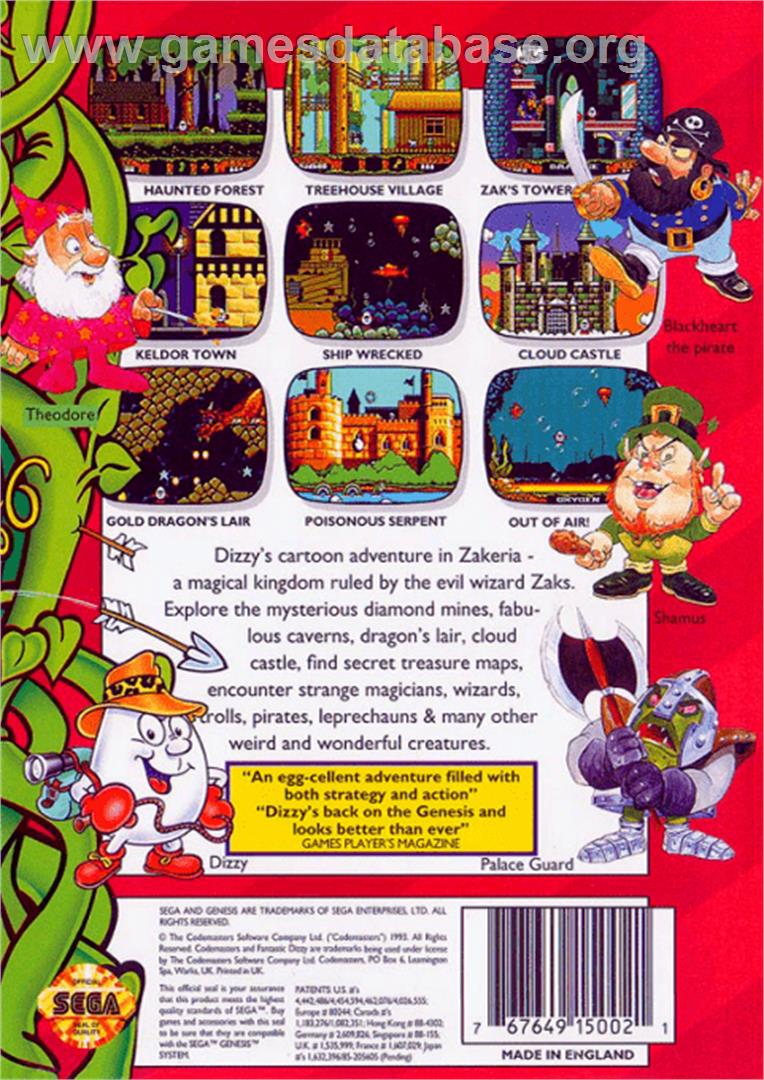 Fantastic Adventures of Dizzy, The - Sega Genesis - Artwork - Box Back