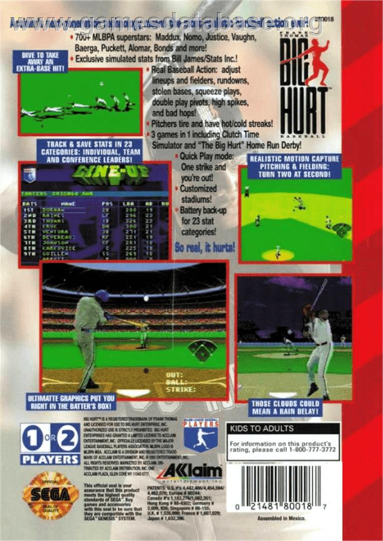 Frank Thomas Big Hurt Baseball - Sega Genesis - Artwork - Box Back