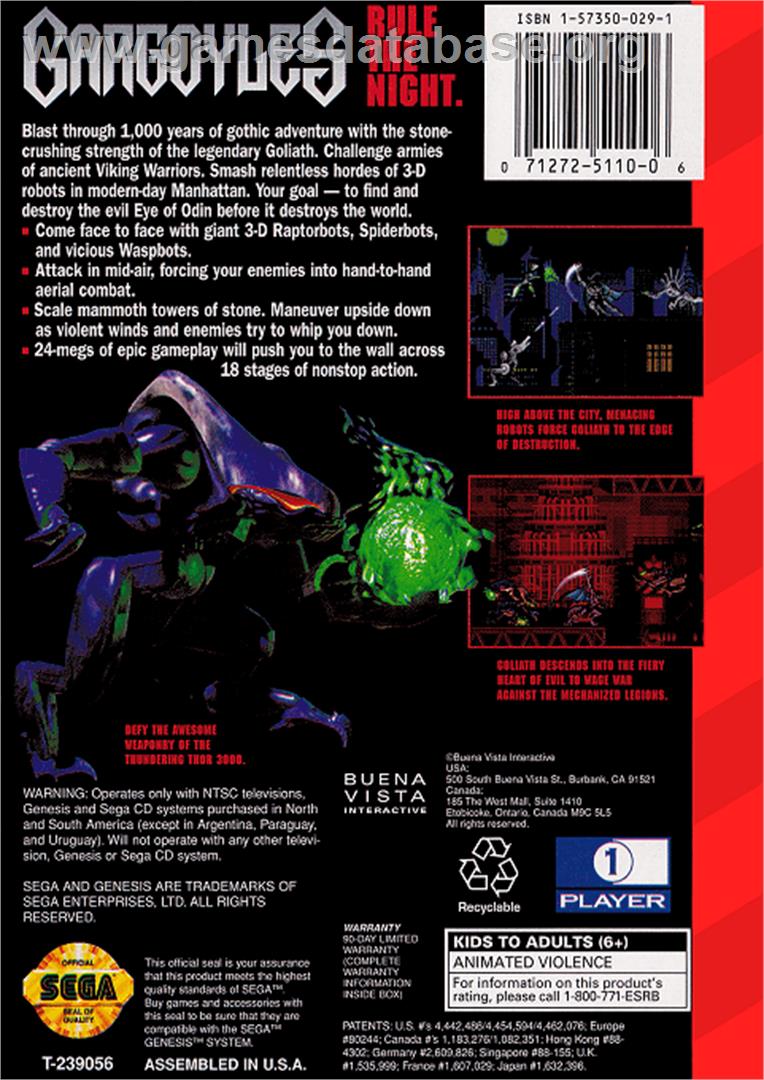 Gargoyles - Sega Genesis - Artwork - Box Back