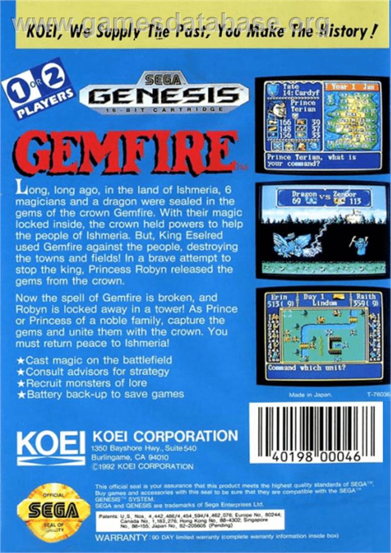 Gemfire - Sega Genesis - Artwork - Box Back