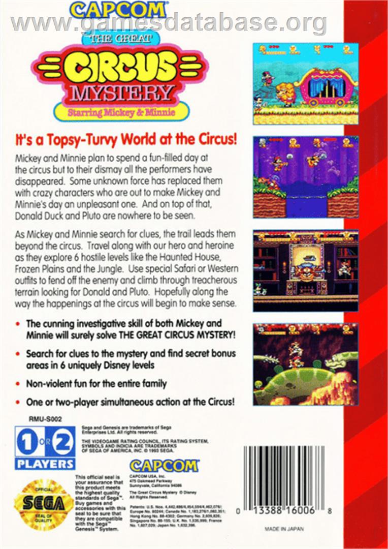 Great Circus Mystery, The - starring Mickey and Minnie Mouse - Sega Genesis - Artwork - Box Back
