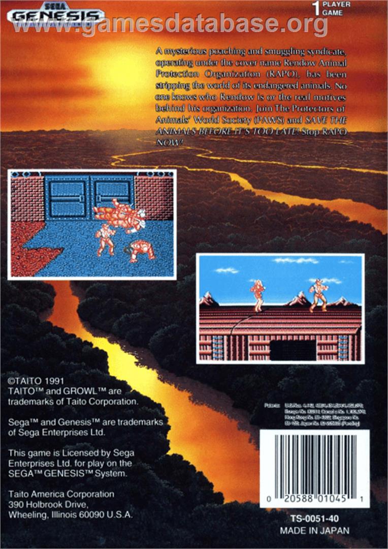 Growl - Sega Genesis - Artwork - Box Back