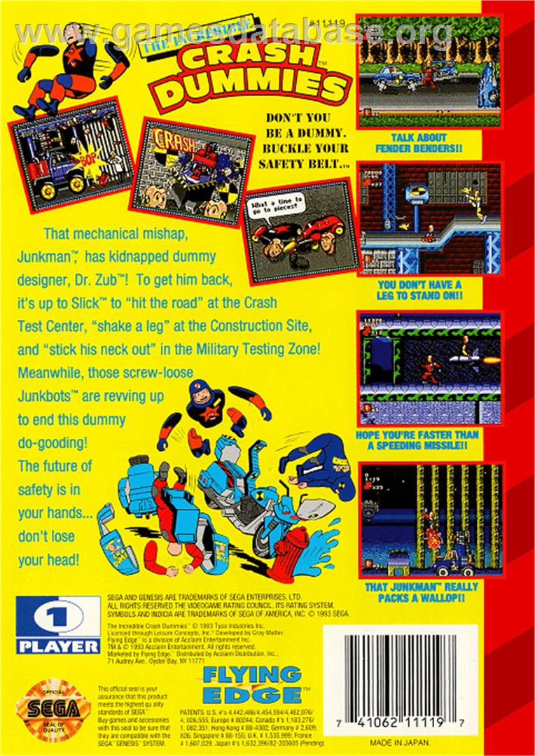 Incredible Crash Dummies, The - Sega Genesis - Artwork - Box Back