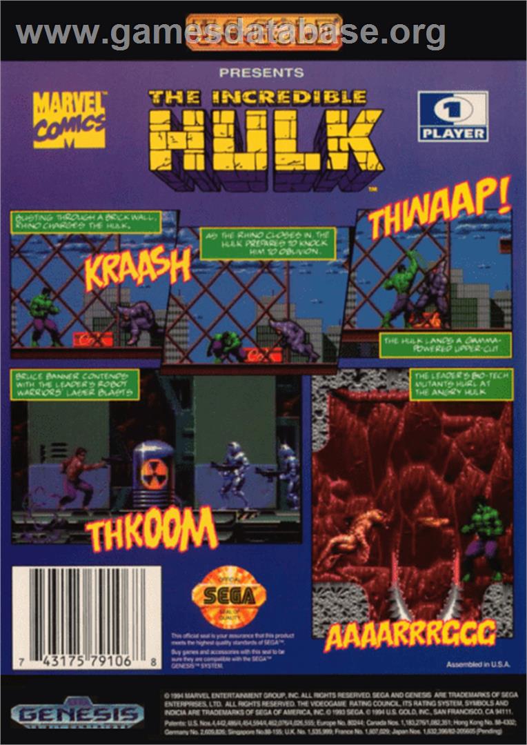 Incredible Hulk, The - Sega Genesis - Artwork - Box Back