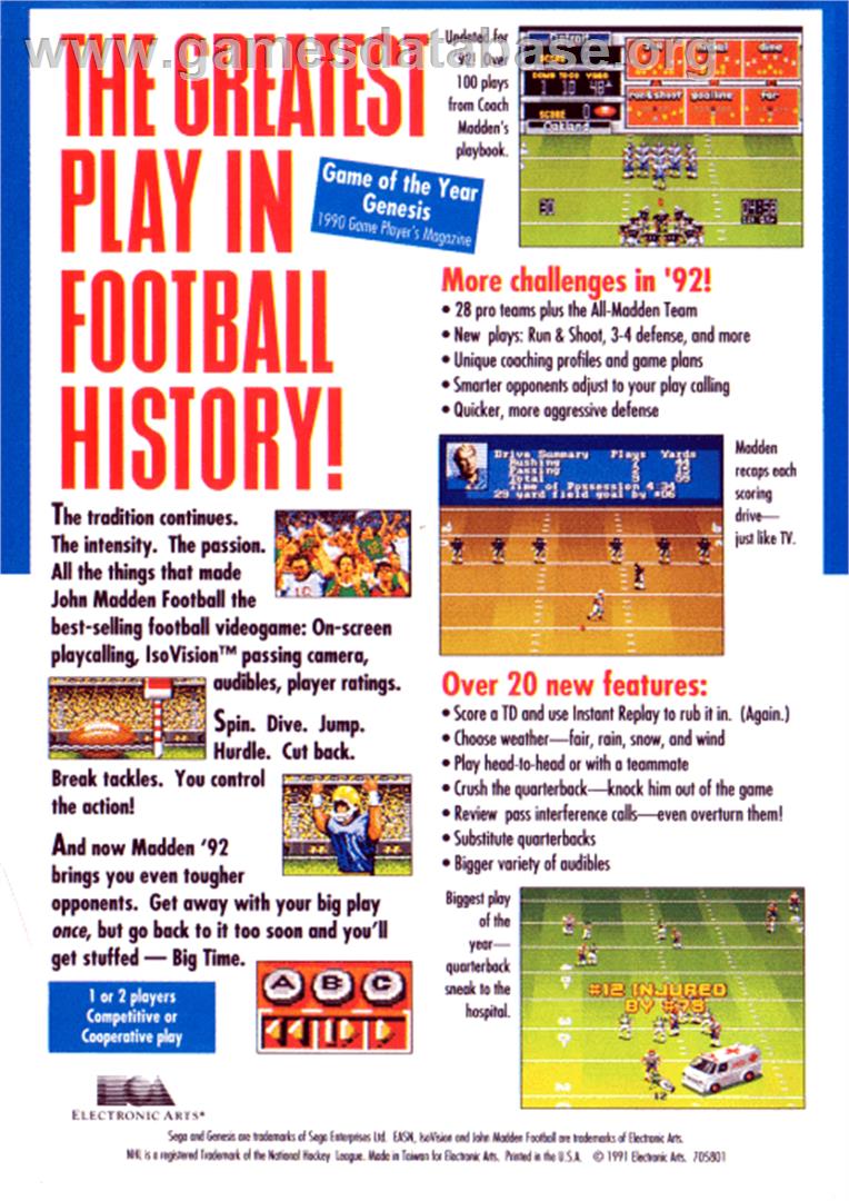 John Madden Football '92 - Sega Genesis - Artwork - Box Back