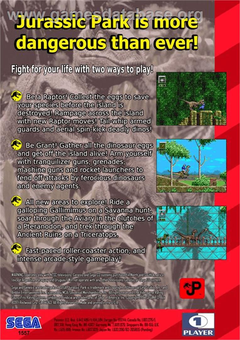 Jurassic Park - Rampage Edition - Sega Genesis - Artwork - Box Back