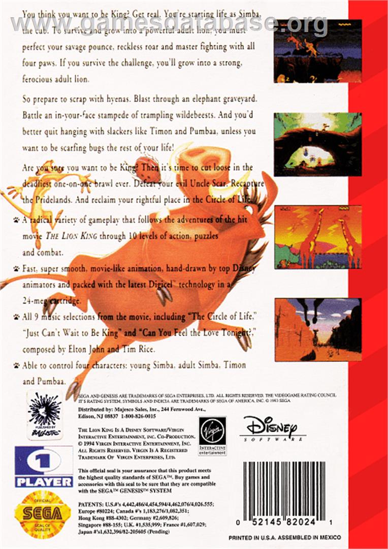Lion King, The - Sega Genesis - Artwork - Box Back