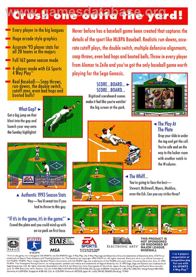 MLBPA Baseball - Sega Genesis - Artwork - Box Back